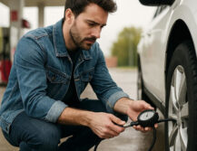 Meranie tlaku v pneumatikách v autoservise počas údržby vozidla