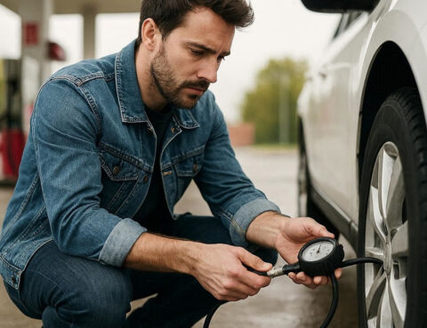 Meranie tlaku v pneumatikách v autoservise počas údržby vozidla