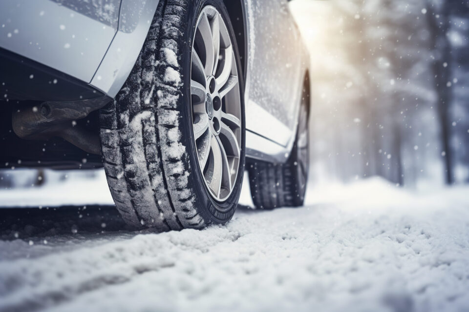 Detail zimnej pneumatiky vhodnej pre SUV, 4x4 a rodinné auto na zasneženej ceste